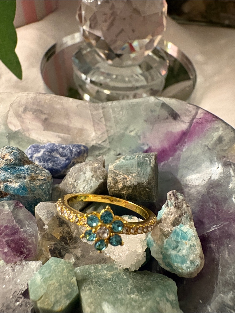 Gold Frame Ring with Aqua Austrian crystals Flower Ring